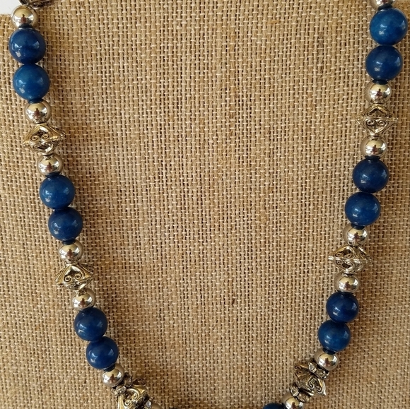 Hand Crafted Gemstone Necklace Blue and Silver Iron Beads 17.5 in. choker - Picture 2 of 10